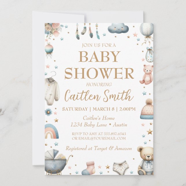 Baby shower Genre Neutre Rose Bleu Invitation (Devant)
