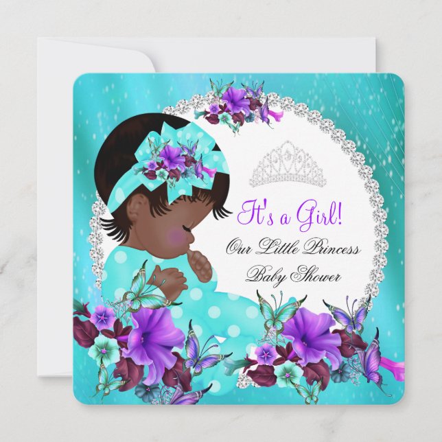 Baby Shower Girl Aquamarin Blue Lila Blume Einladung (Vorderseite)