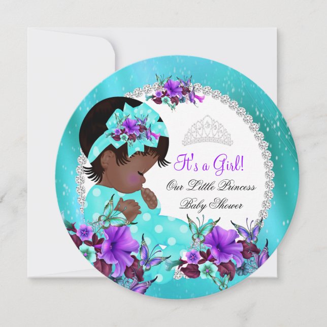 Baby Shower Girl Aquamarin Blue Lila Blume Einladung (Vorderseite)