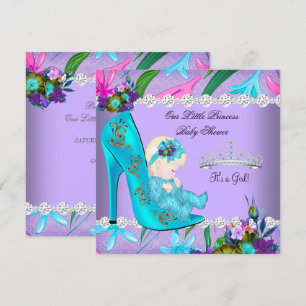 Baby Shower Girl Aquamarine Lila Blütendusche Blon Einladung