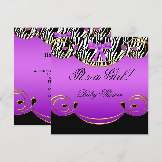 Baby Shower Girl Baby Lila Black Zebra Einladung (Vorne/Hinten)