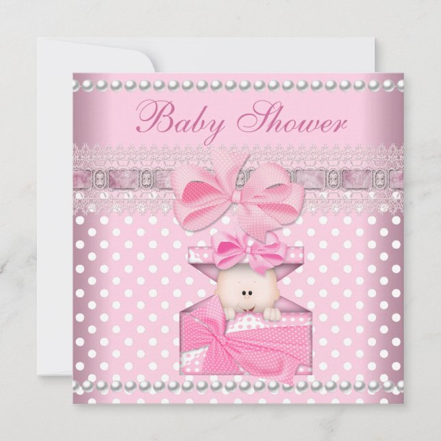 Baby Shower Girl Baby Pink Gift Spot Pearl Lace Einladung (Vorderseite)