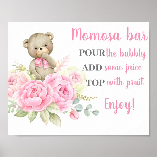 Baby Shower Girl Bear Momosa Zeichen Poster (Vorne)
