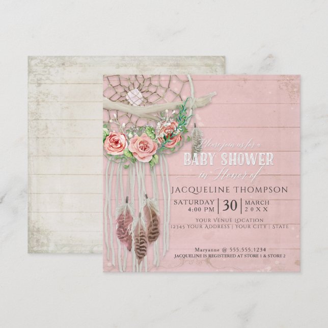 Baby Shower Girl BOHO Dream Catcher Wood Feather Einladung (Vorne/Hinten)