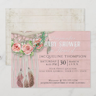 Baby Shower Girl BOHO Dream Catcher Wood Floral Einladung