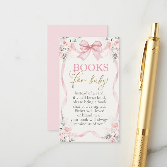 Baby Shower Girl Books for Baby Card with bow Begleitkarte (Vorderseite/Rückseite Beispiel)