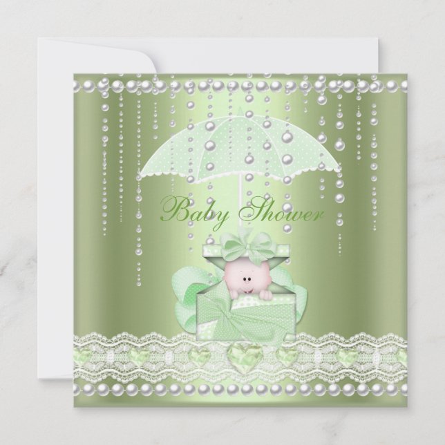 Baby Shower Girl Boy Mint Umbrella Pearl Einladung (Vorderseite)