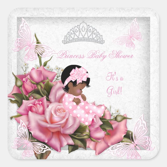 Baby Shower Girl Butterfly Pink Rose Baby OM Quadratischer Aufkleber (Vorderseite)