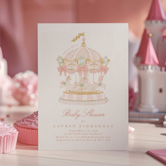 Baby Shower Girl Carousel Fairytale Bows Pink Einladung (Von Creator hochgeladen)