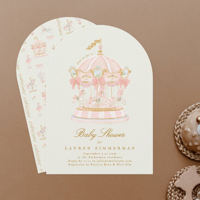 Baby Shower Girl Carousel Fairytale Bows Sage Arch Einladung (Von Creator hochgeladen)
