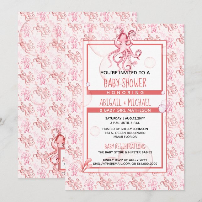 Baby Shower Girl Coral & Pink Wasserfarbe Oktopus Einladung (Vorne/Hinten)