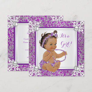 Baby Shower Girl Glitzer Lila Silver Lace Brunet Einladung