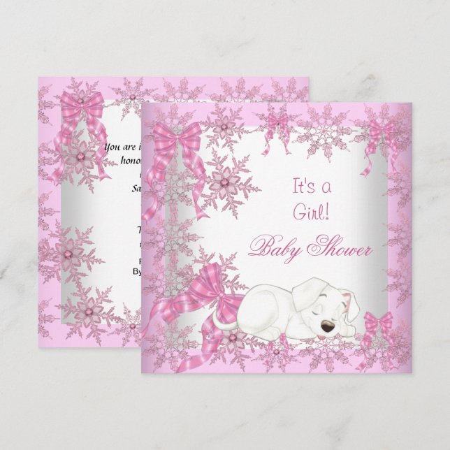 Baby Shower Girl Hübsch Pink Snowflakes Welpe 2 Einladung (Vorne/Hinten)