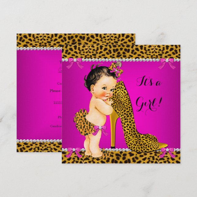 Baby Shower Girl Leopard High Heel Pink Brünett Einladung (Vorne/Hinten)