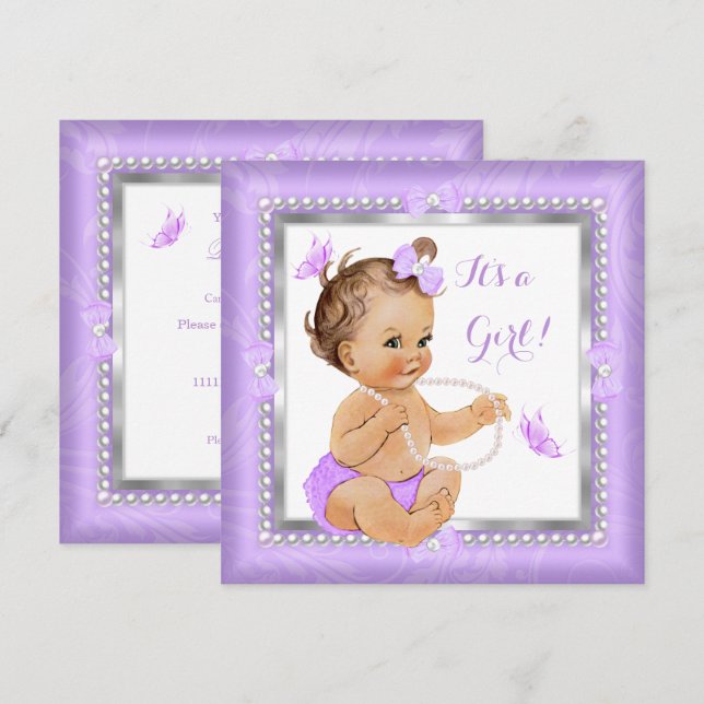 Baby Shower Girl Lila Pearl Butterfly Brünett Einladung (Vorne/Hinten)