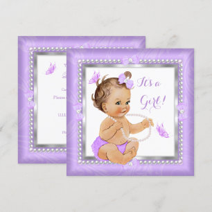 Baby Shower Girl Lila Pearl Butterfly Brünett Einladung