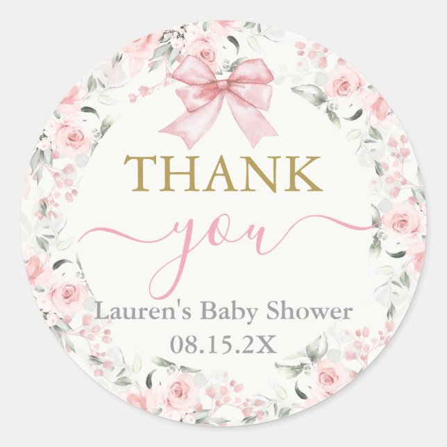 Baby Shower Girl mit Bogen Runder Aufkleber (Vorderseite)