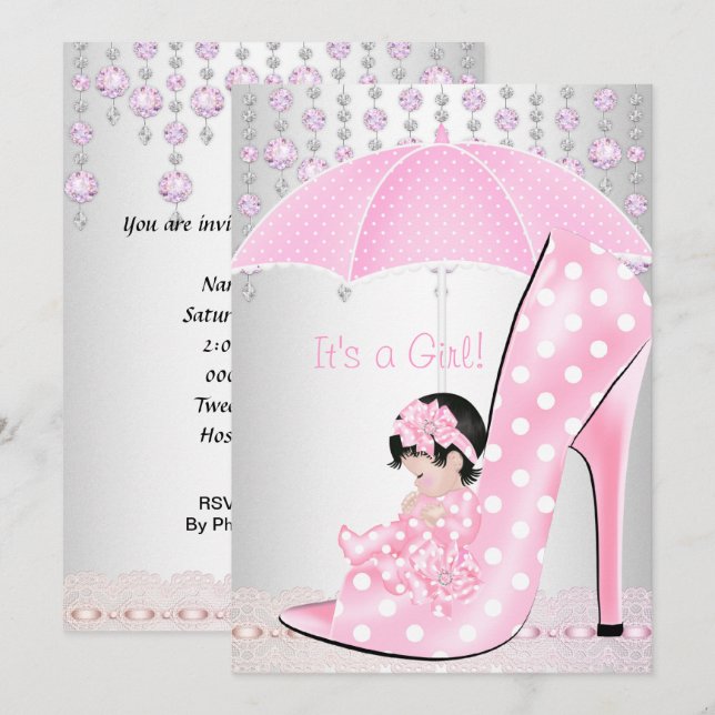 Baby Shower Girl Pink Baby Schuhe Diamant 2 Einladung (Vorne/Hinten)