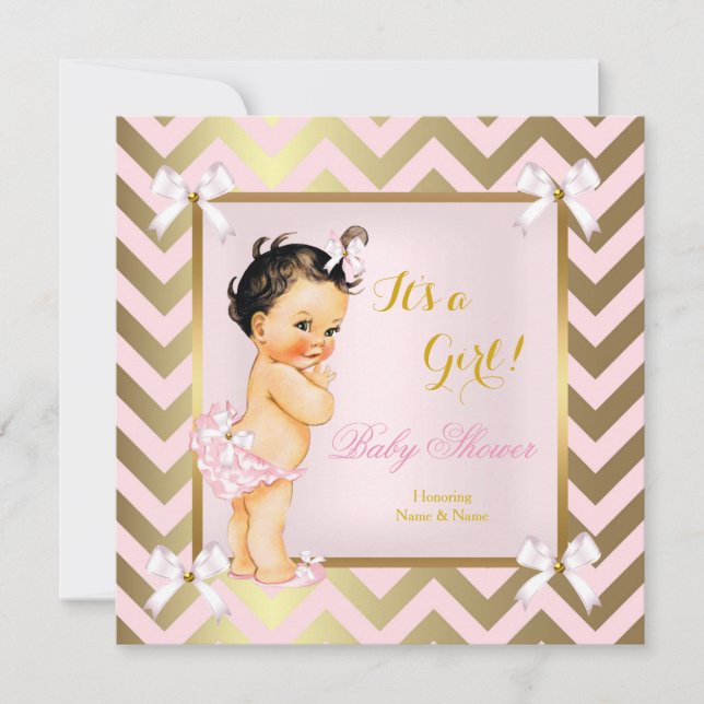 Baby Shower Girl Pink Gold Zickzack Brünett Einladung (Vorderseite)