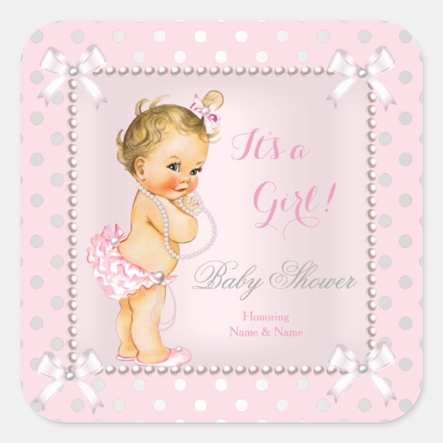 Baby Shower Girl Pink Gray Pearl Blonde Quadratischer Aufkleber (Vorderseite)