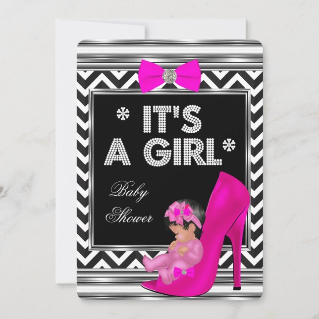 Baby Shower Girl Pink Kinderschuh Zickzack Einladung (Vorderseite)