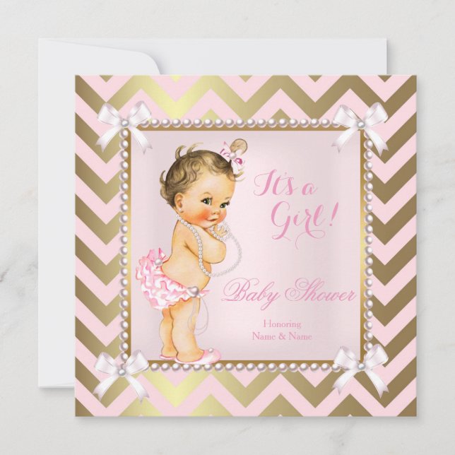 Baby Shower Girl Pink Pearl Gold Zickzack Brünett Einladung (Vorderseite)