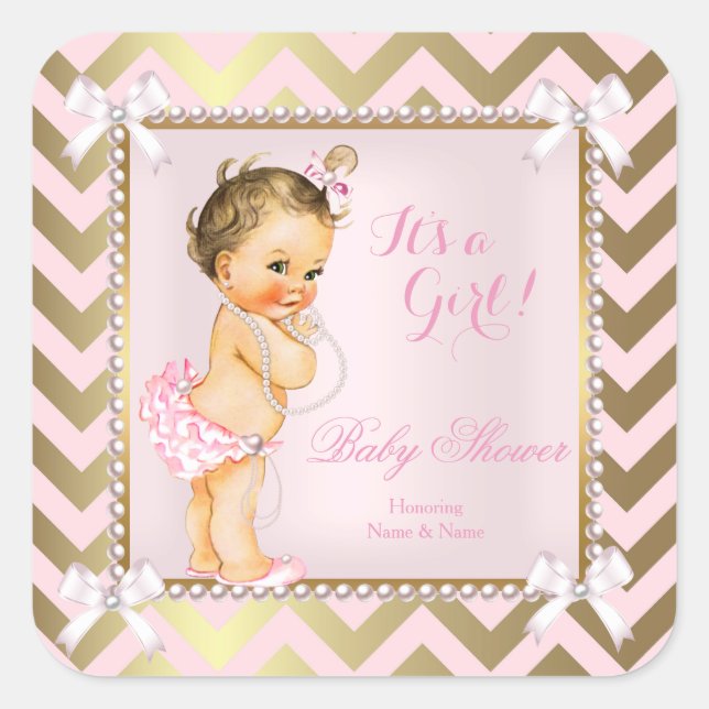 Baby Shower Girl Pink Pearl Gold Zickzack Brünett Quadratischer Aufkleber (Vorderseite)
