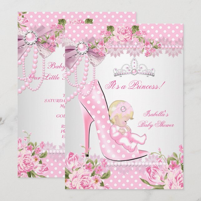 Baby Shower Girl Pink Rose Polka Dots High Heels B Einladung (Vorne/Hinten)