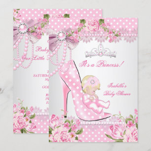 Baby Shower Girl Pink Rose Polka Dots High Heels B Einladung