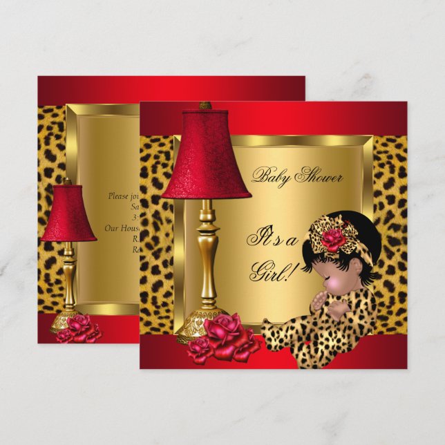 Baby Shower Girl Red Gold Rose Leopard OM Einladung (Vorne/Hinten)