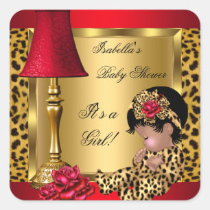 Baby Shower Girl Red Gold Rose Leopard OM Quadratischer Aufkleber