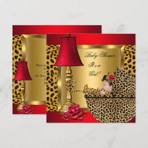 Baby Shower Girl Red Gold Rose Leopard Pram Einladung