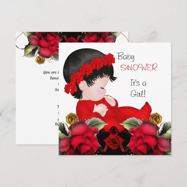 Baby Shower Girl Rote Rose Blume 4a Einladung (Vorne/Hinten)