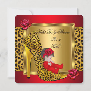 Baby Shower Girl Rote Rosen Gold Wild Leopard 3 Einladung