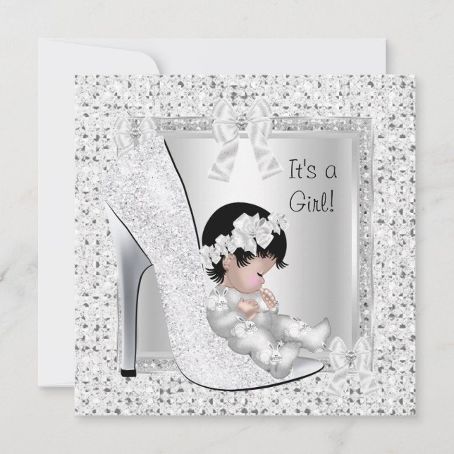 Baby Shower Girl Silver White Glitzer Shoe Einladung (Vorderseite)