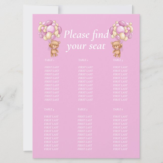 Baby Shower Girl Teddy Balloon Table Chart Einladung (Vorderseite)