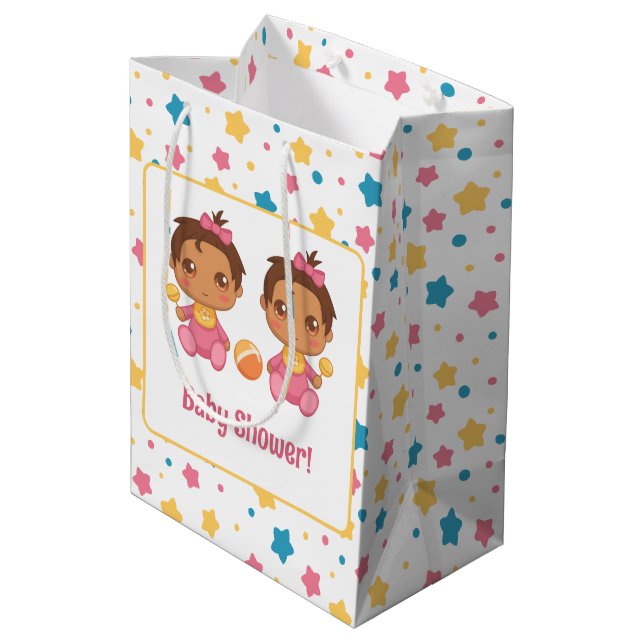 Baby Shower Girl Twins Stars Dark Mittlere Geschenktüte (Rückseite Schrägansicht)