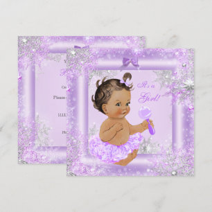 Baby Shower Girl Winter Lavender Snowflake Brunett Einladung
