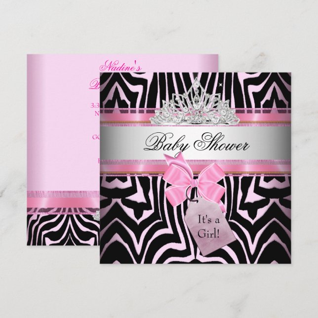 Baby Shower Girl Zebra Pink Princess Black Einladung (Vorne/Hinten)