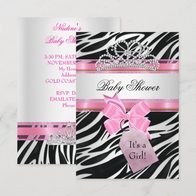 Baby Shower Girl Zebra Pink Princess Tiara Einladung (Vorne/Hinten)