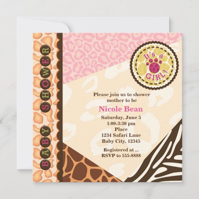 Baby shower Girls Pink Safari Thème Invitations (Devant)