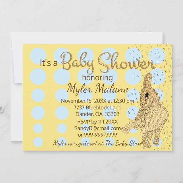 Baby Shower Gold Blue Baby Elephant Blue Einladung (Vorderseite)