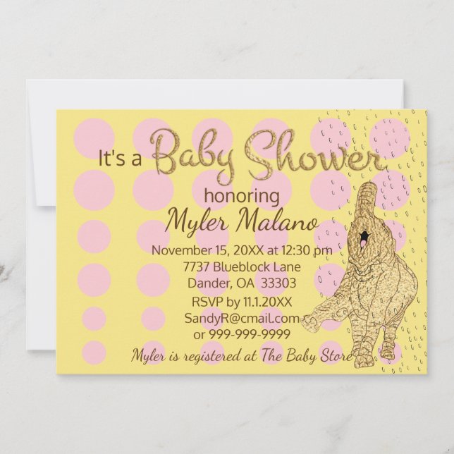 Baby Shower Gold Pink Baby Elephant Einladung (Vorderseite)