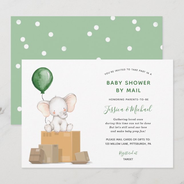 Baby shower Green Elephant par invitation par cour (Devant / Derrière)