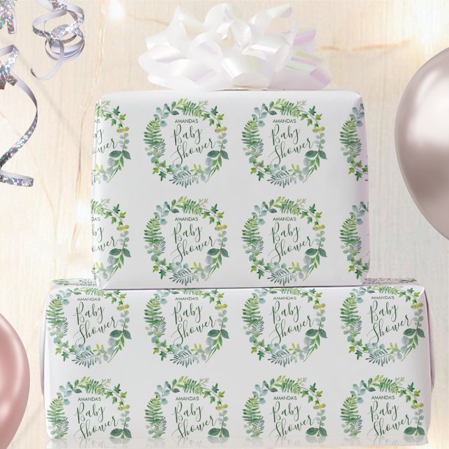 Baby Shower Greenery Kreath Personalisierter Name Geschenkpapier (Von Creator hochgeladen)