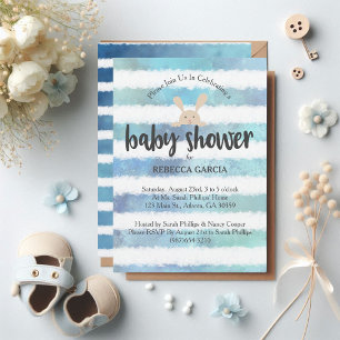 Baby-Shower-Häschen Blau Weiße Wasserfarbe Streife Einladung