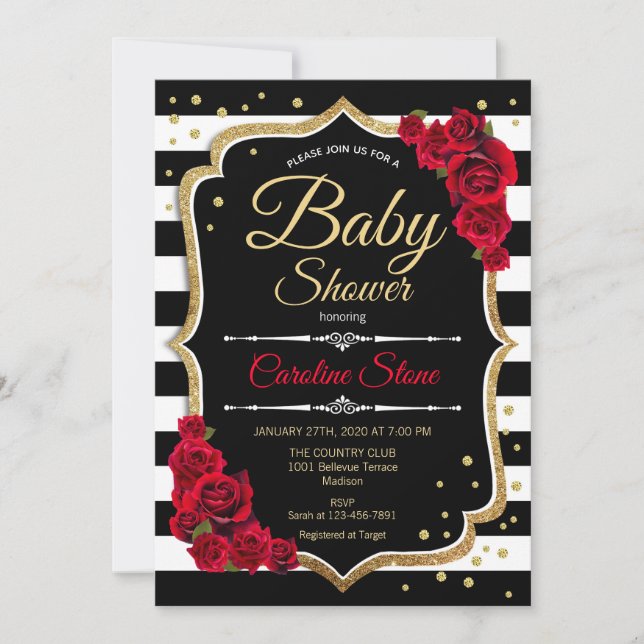Baby shower Invitation Black White Stripes Roses (Devant)