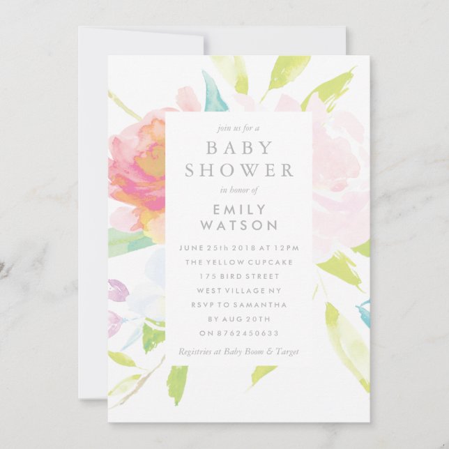 Baby shower Invitation Bright Floral Aquarelle (Devant)