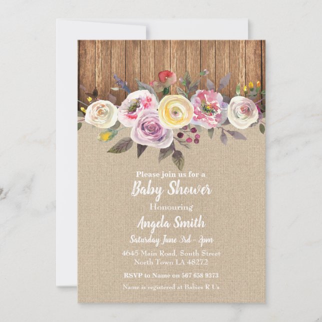 Baby shower Invitation Burlap Wood Floral Rustic P (Devant)