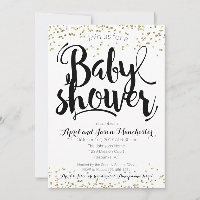 Baby shower Invitation Card, Black White & Gold (Devant)